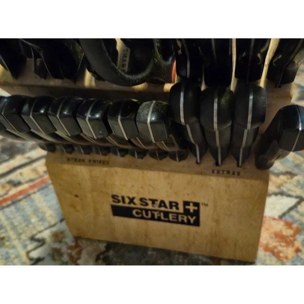 Ronco Six Star Plus Cutlery 30 Piece Knife Set with Wood Block Black Handles